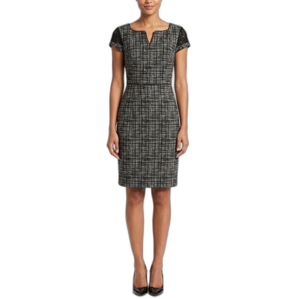 Donna Morgan Black White Crosshatch Eyelet Lace Sleeve Detail SS Dress Size 8